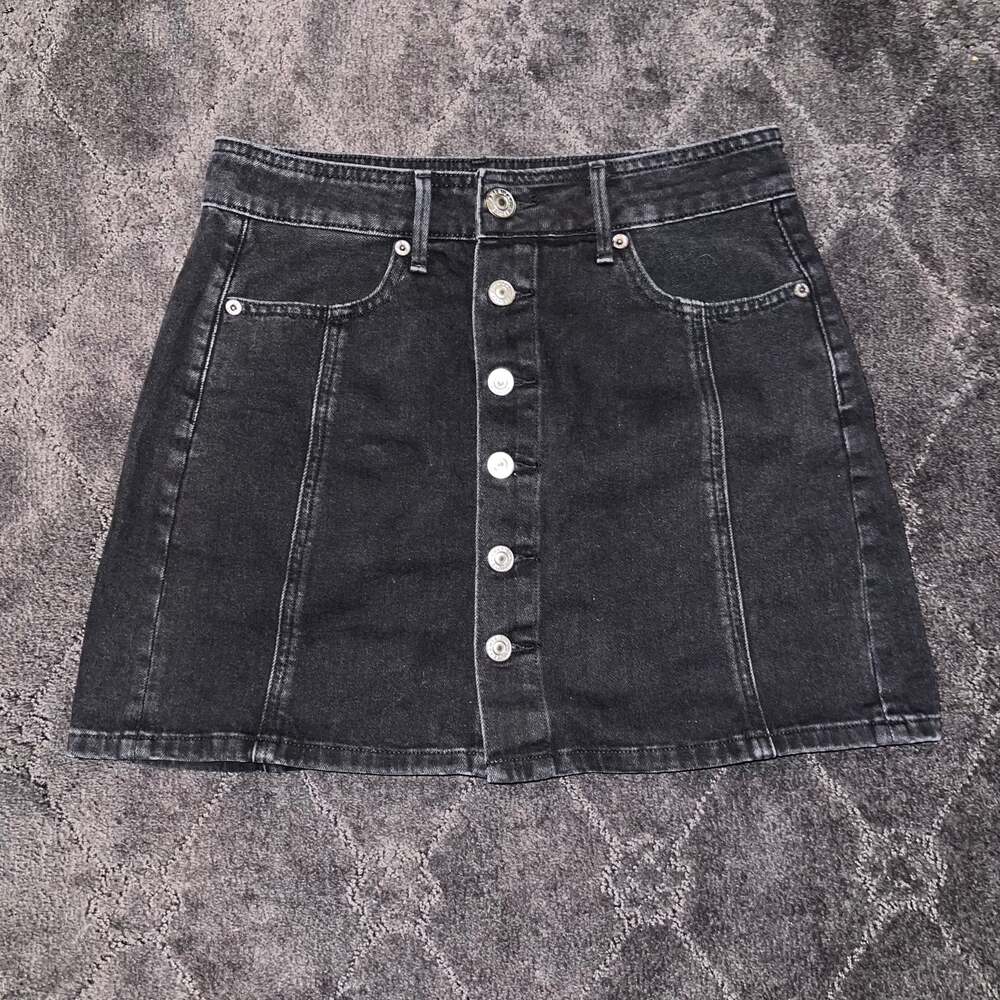American Eagle Black Denim Hi Rise A-Line Button Front Skirt Sz 4 W29x15